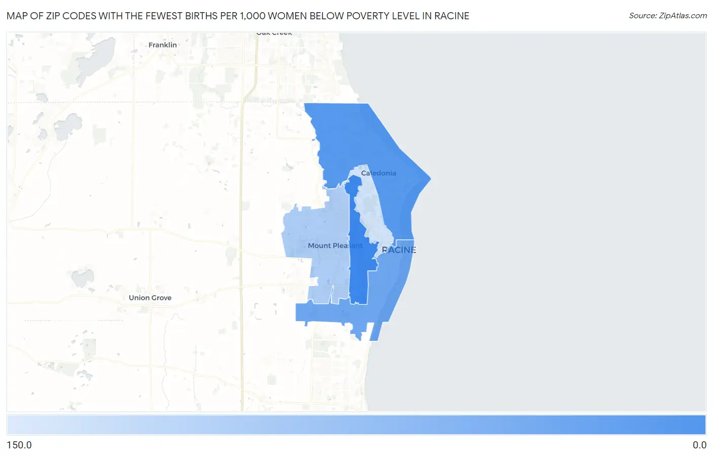 Zip Codes with the Fewest Births per 1,000 Women Below Poverty Level in Racine Map
