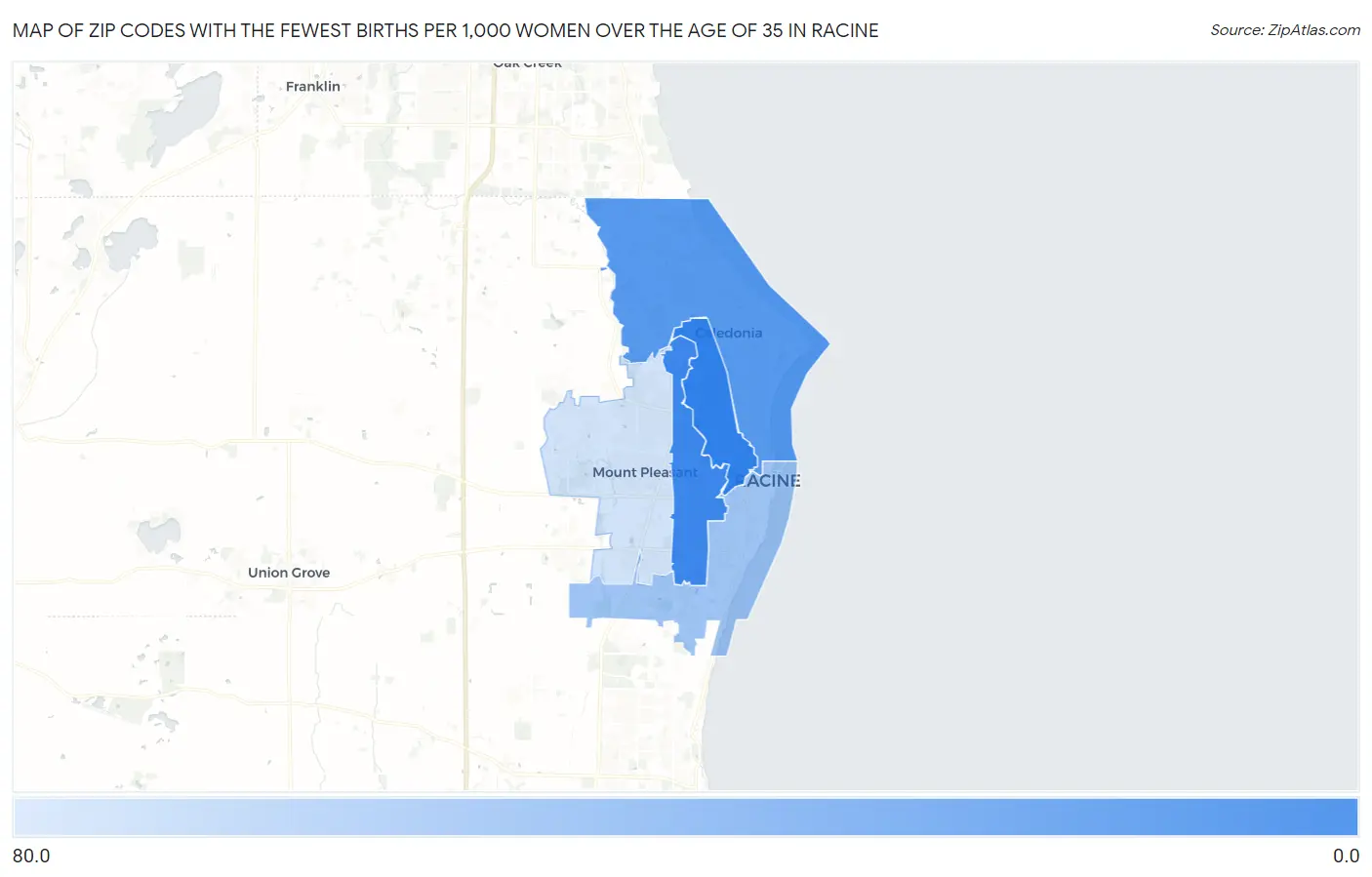 Zip Codes with the Fewest Births per 1,000 Women Over the Age of 35 in Racine Map