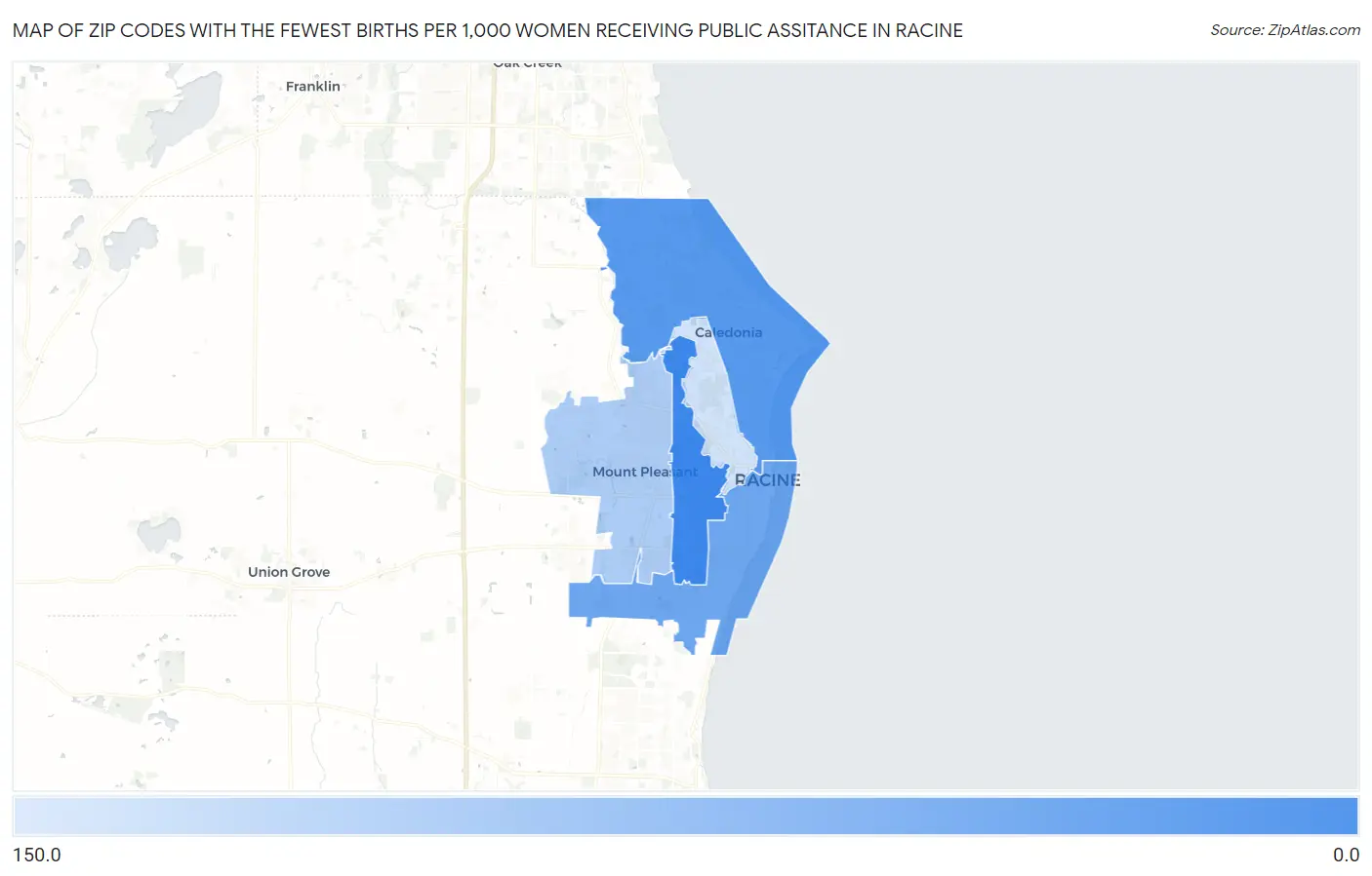 Zip Codes with the Fewest Births per 1,000 Women Receiving Public Assitance in Racine Map