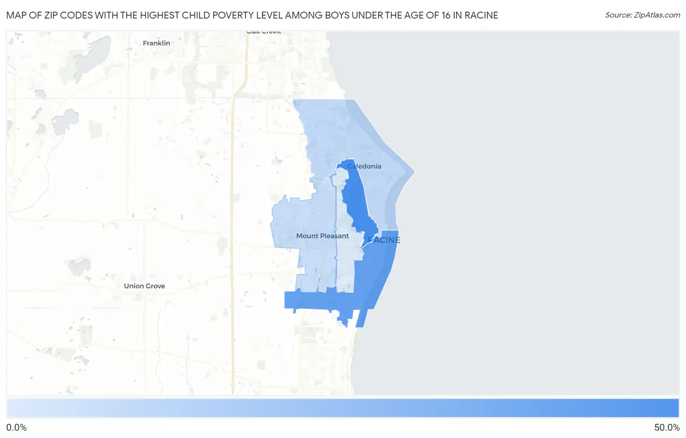 Zip Codes with the Highest Child Poverty Level Among Boys Under the Age of 16 in Racine Map