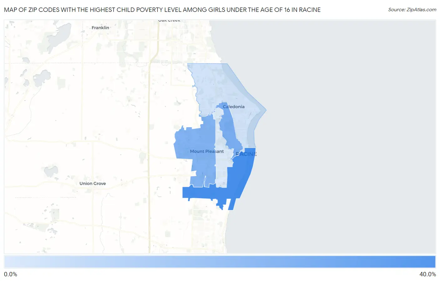 Zip Codes with the Highest Child Poverty Level Among Girls Under the Age of 16 in Racine Map