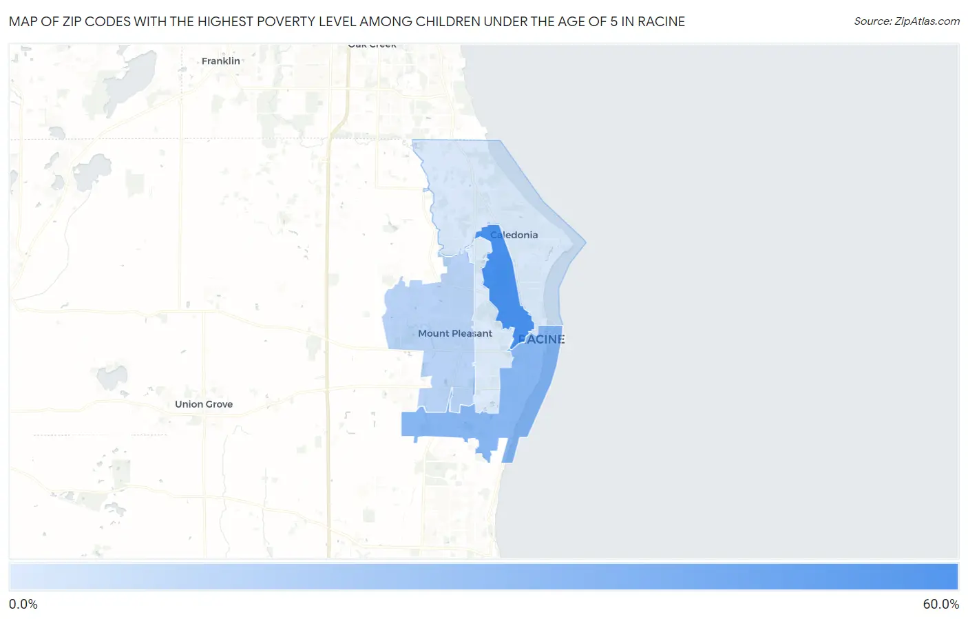 Zip Codes with the Highest Poverty Level Among Children Under the Age of 5 in Racine Map