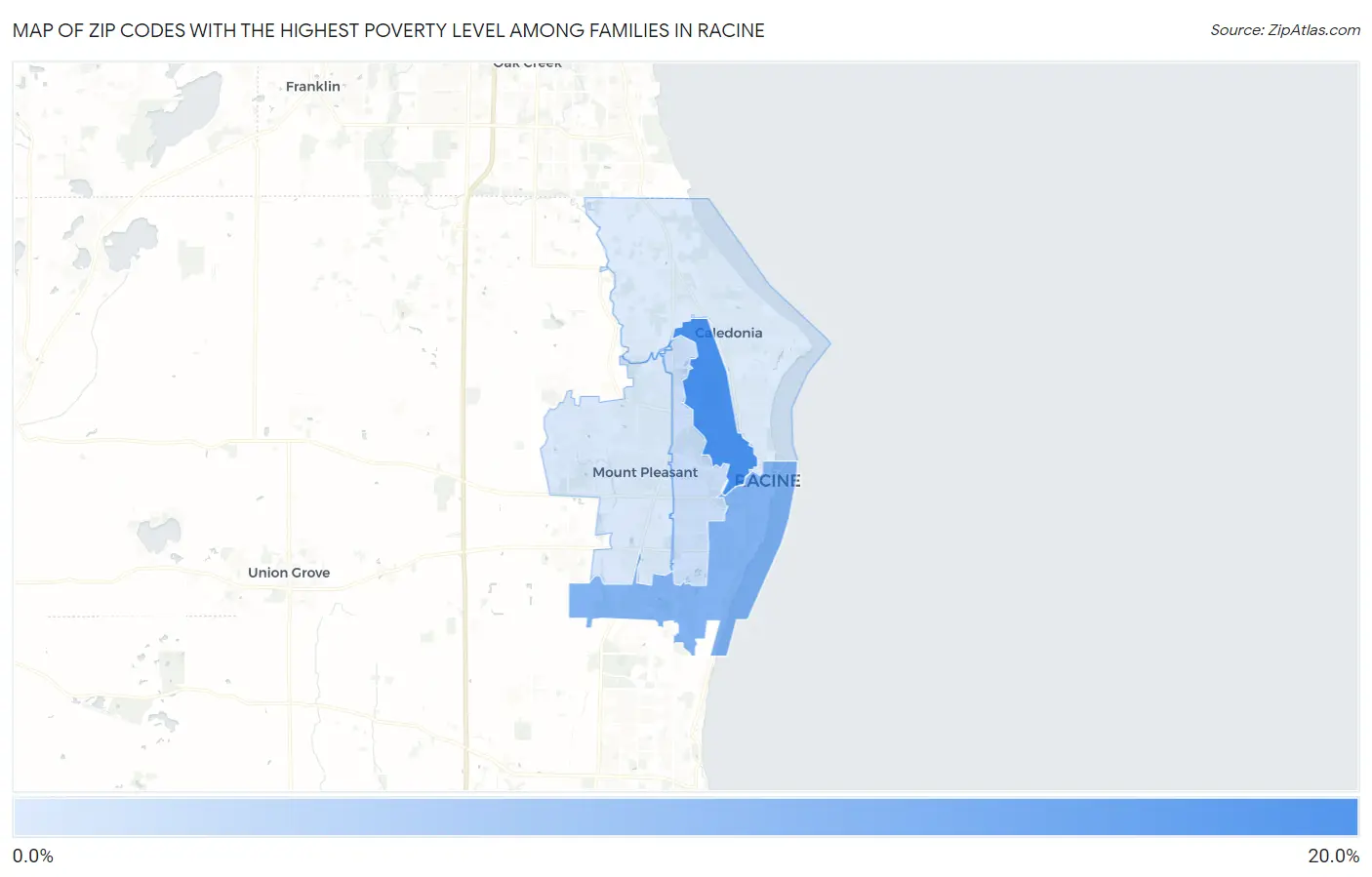 Zip Codes with the Highest Poverty Level Among Families in Racine Map