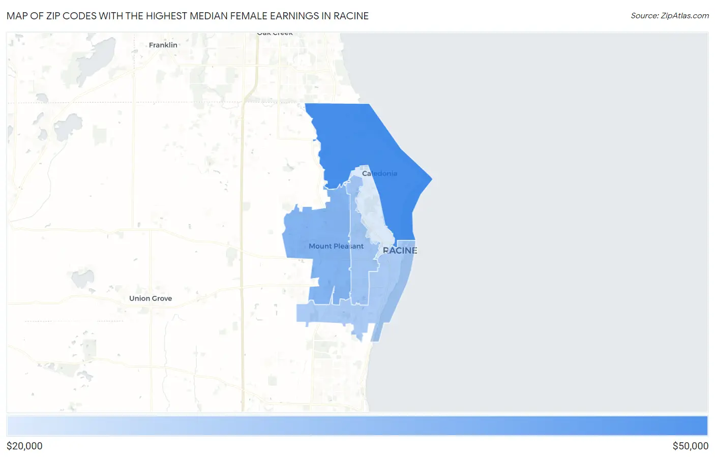 Zip Codes with the Highest Median Female Earnings in Racine Map