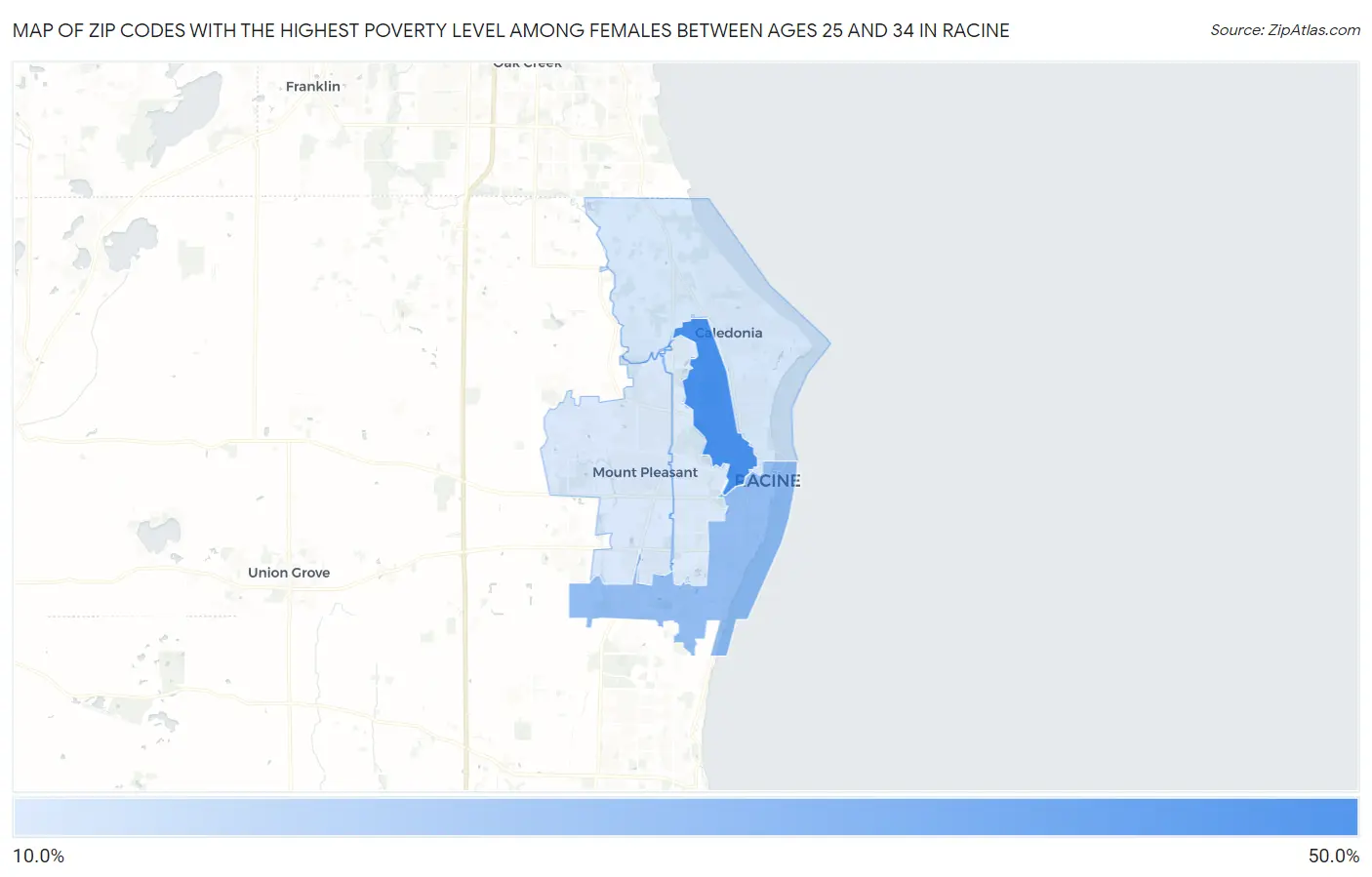 Zip Codes with the Highest Poverty Level Among Females Between Ages 25 and 34 in Racine Map