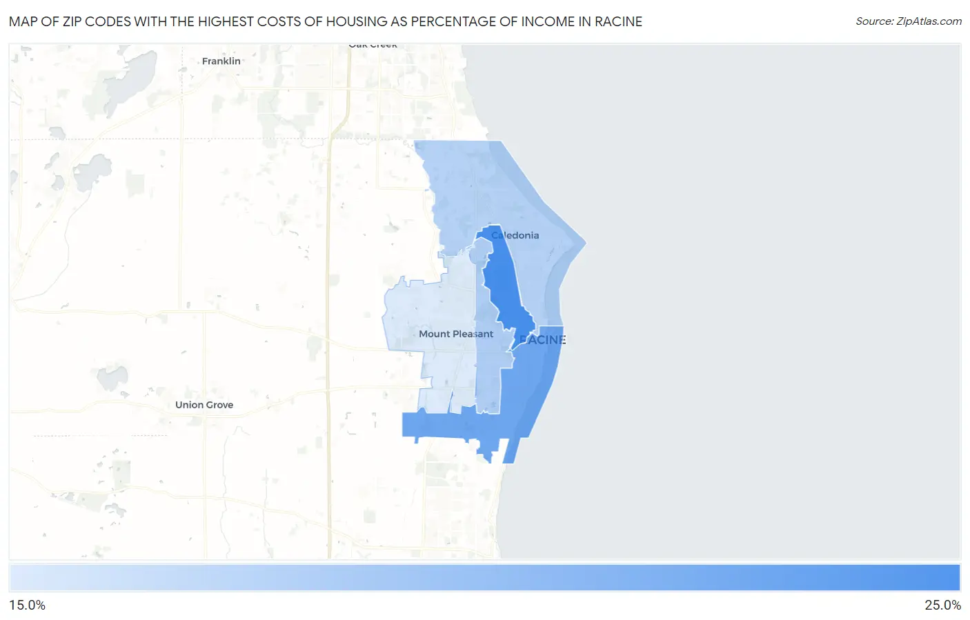 Zip Codes with the Highest Costs of Housing as Percentage of Income in Racine Map