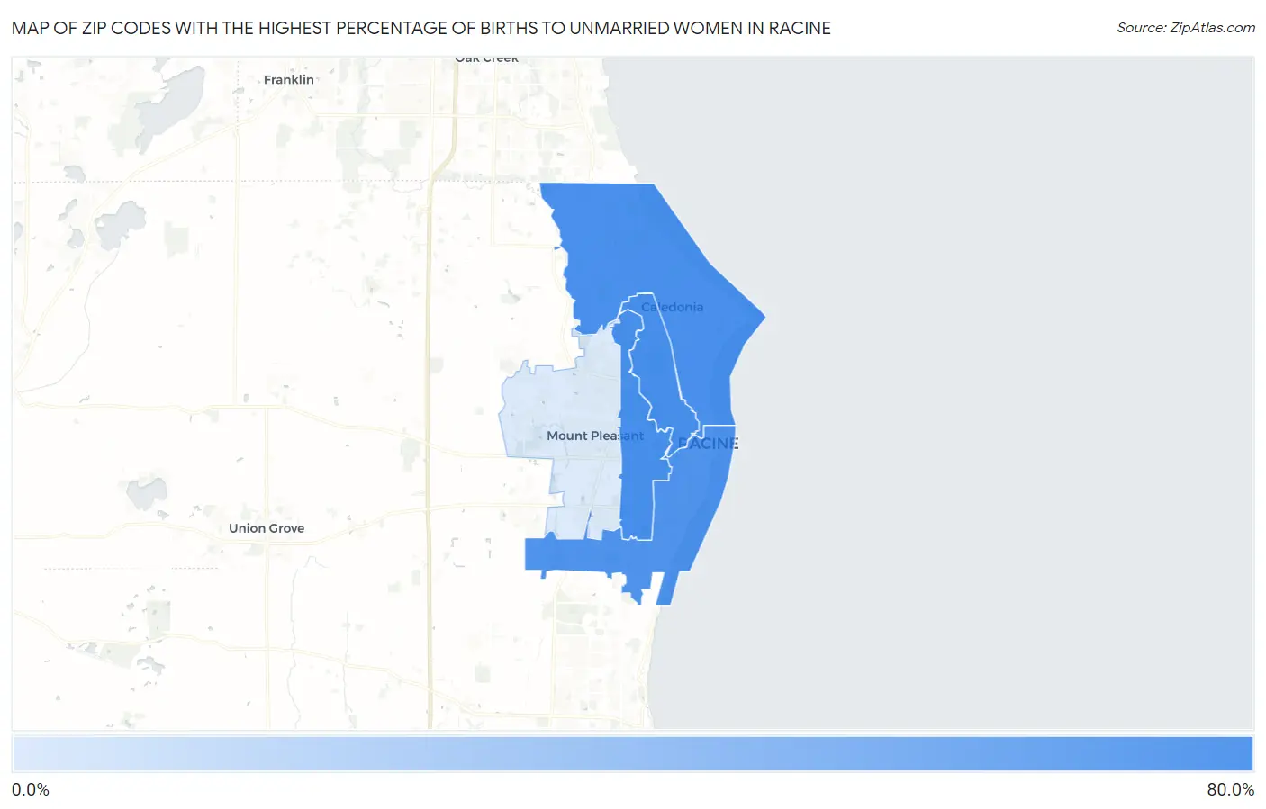 Zip Codes with the Highest Percentage of Births to Unmarried Women in Racine Map