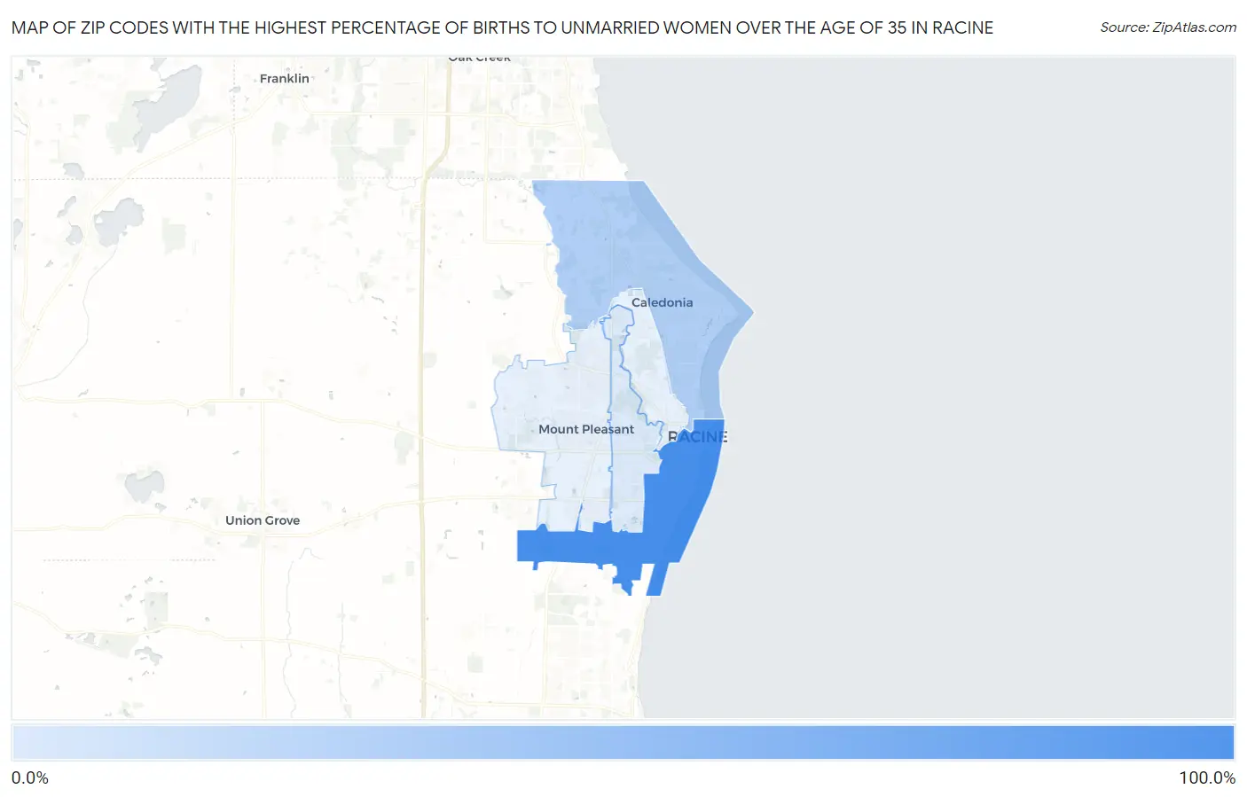 Zip Codes with the Highest Percentage of Births to Unmarried Women over the Age of 35 in Racine Map