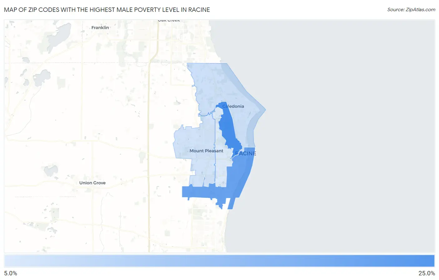 Zip Codes with the Highest Male Poverty Level in Racine Map