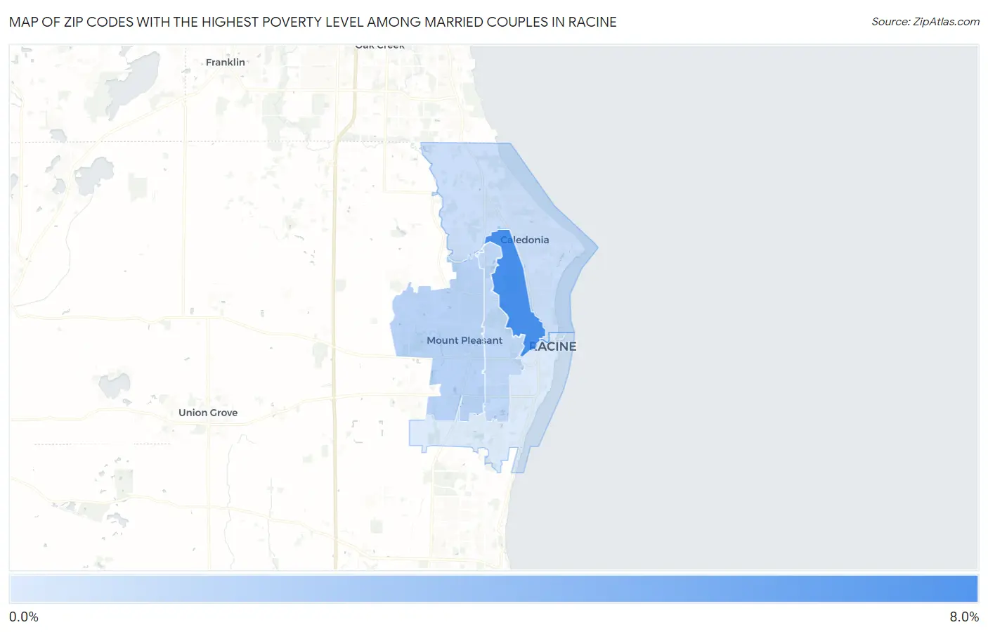 Zip Codes with the Highest Poverty Level Among Married Couples in Racine Map