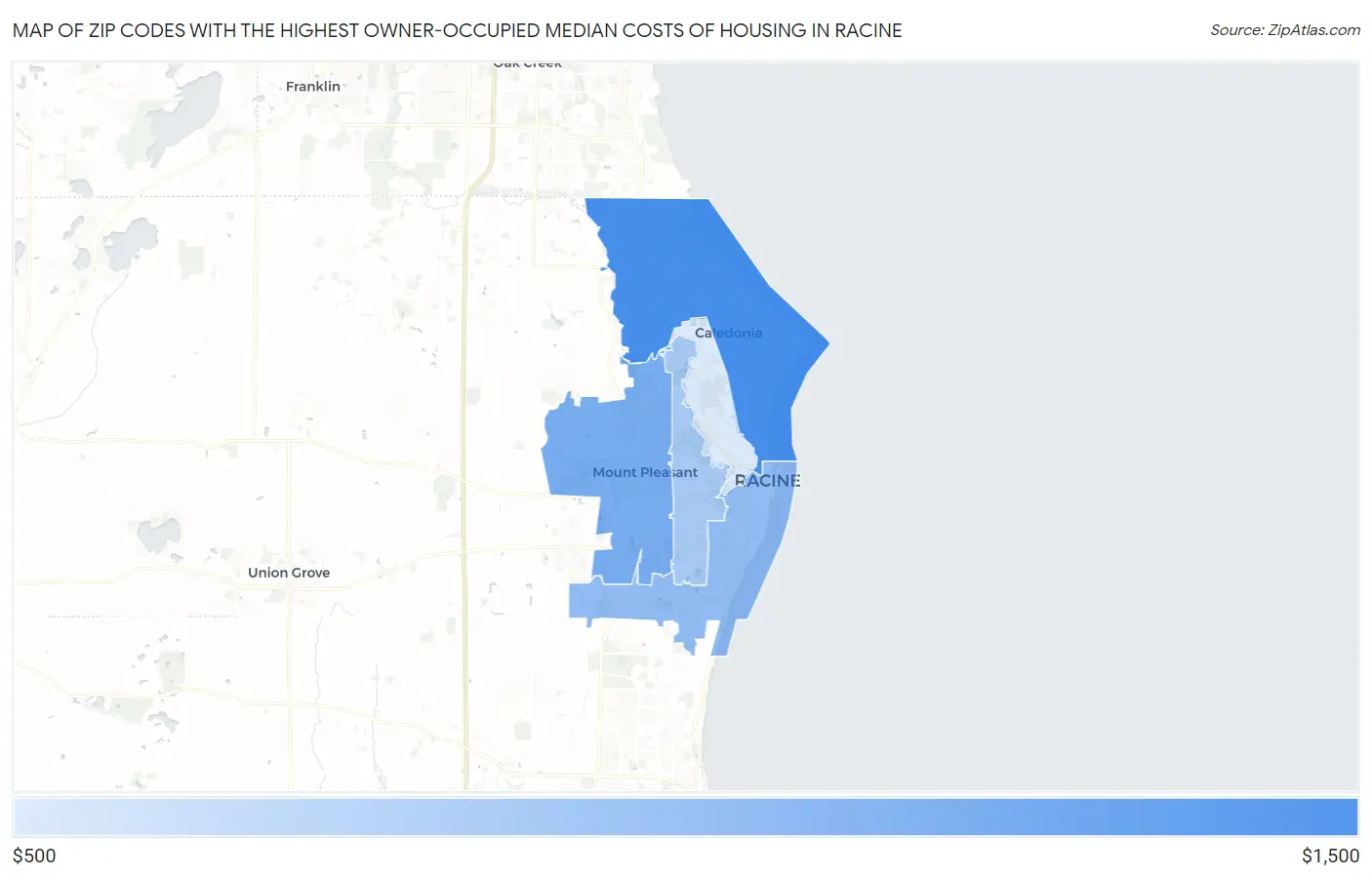 Zip Codes with the Highest Owner-Occupied Median Costs of Housing in Racine Map