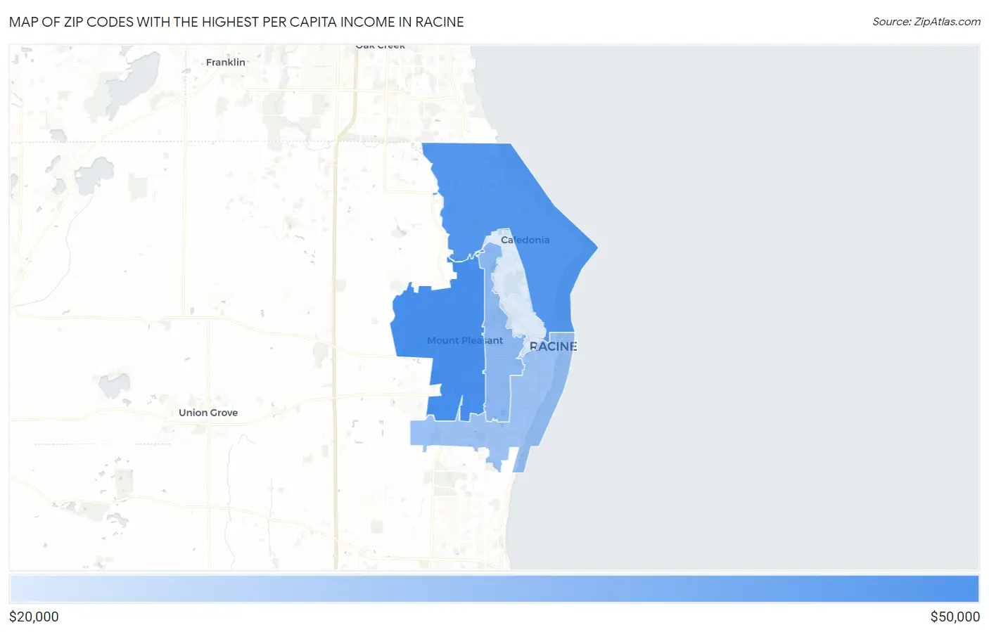 Zip Codes with the Highest Per Capita Income in Racine Map