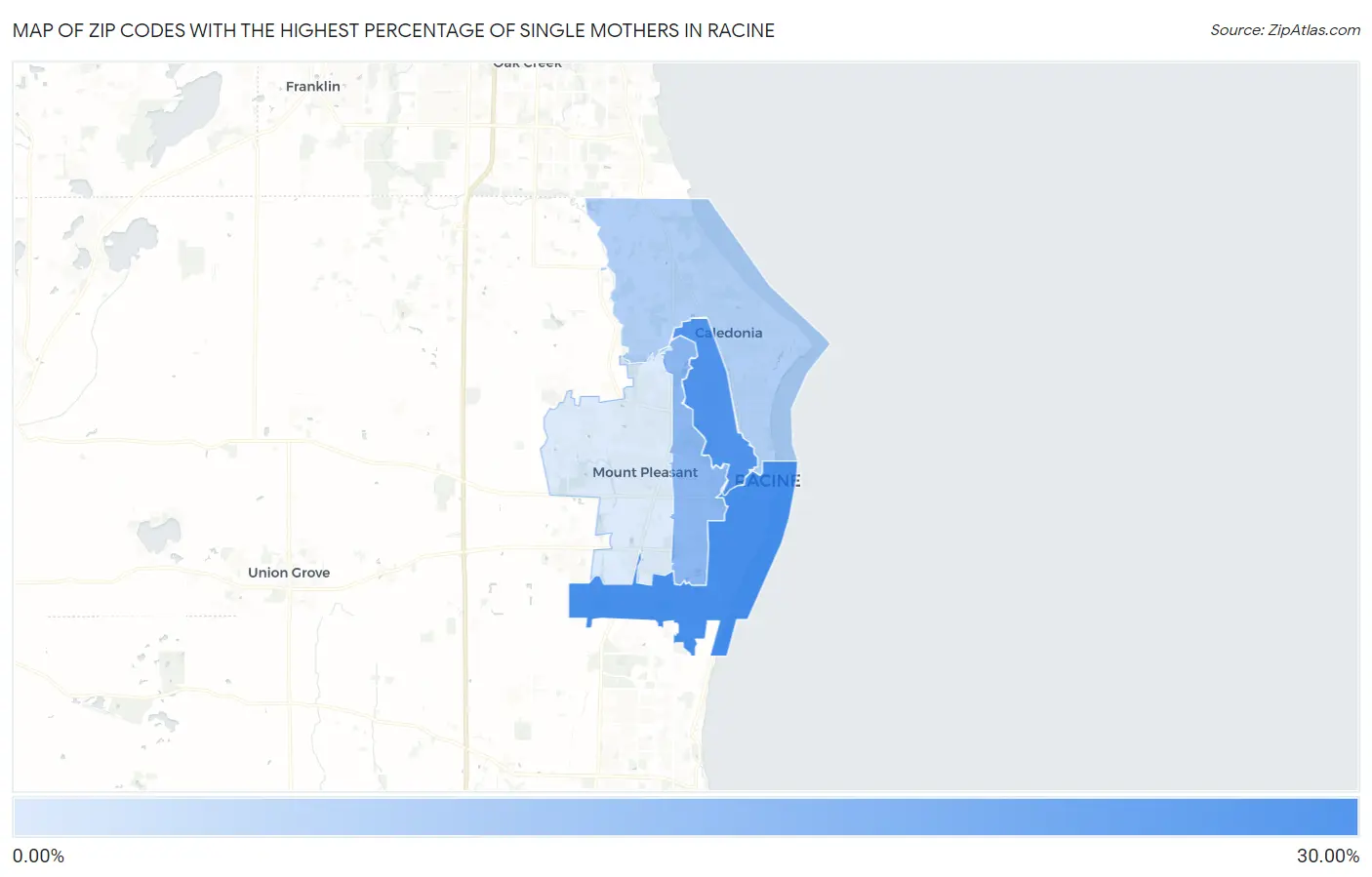 Zip Codes with the Highest Percentage of Single Mothers in Racine Map