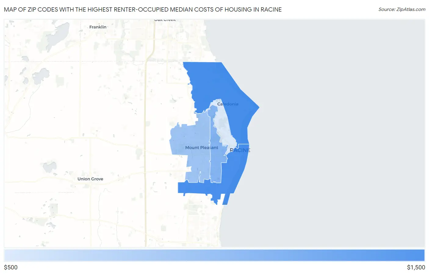 Zip Codes with the Highest Renter-Occupied Median Costs of Housing in Racine Map