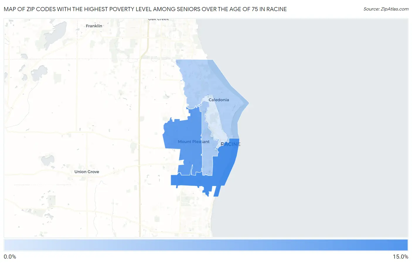 Zip Codes with the Highest Poverty Level Among Seniors Over the Age of 75 in Racine Map