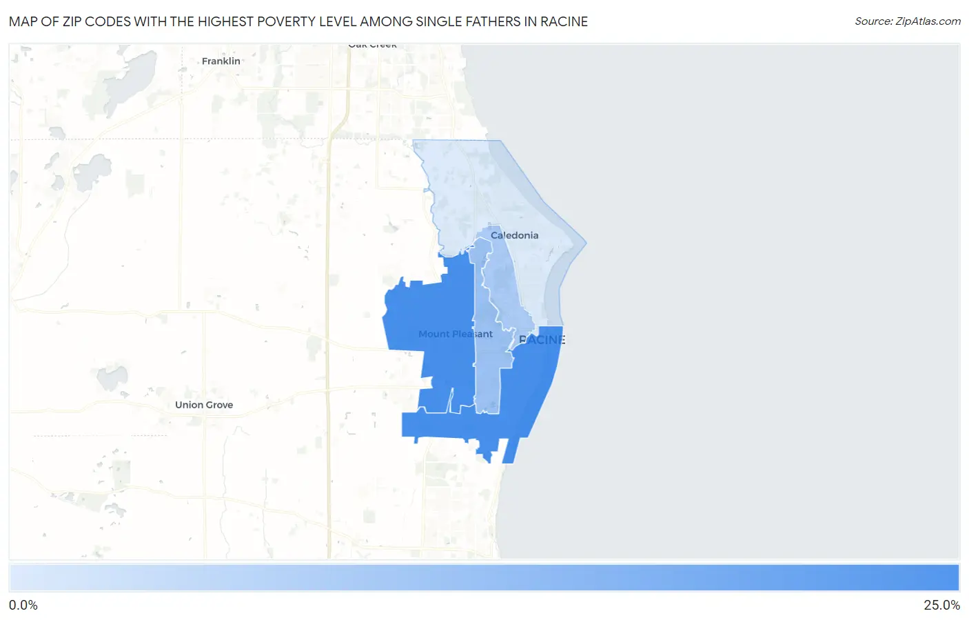 Zip Codes with the Highest Poverty Level Among Single Fathers in Racine Map