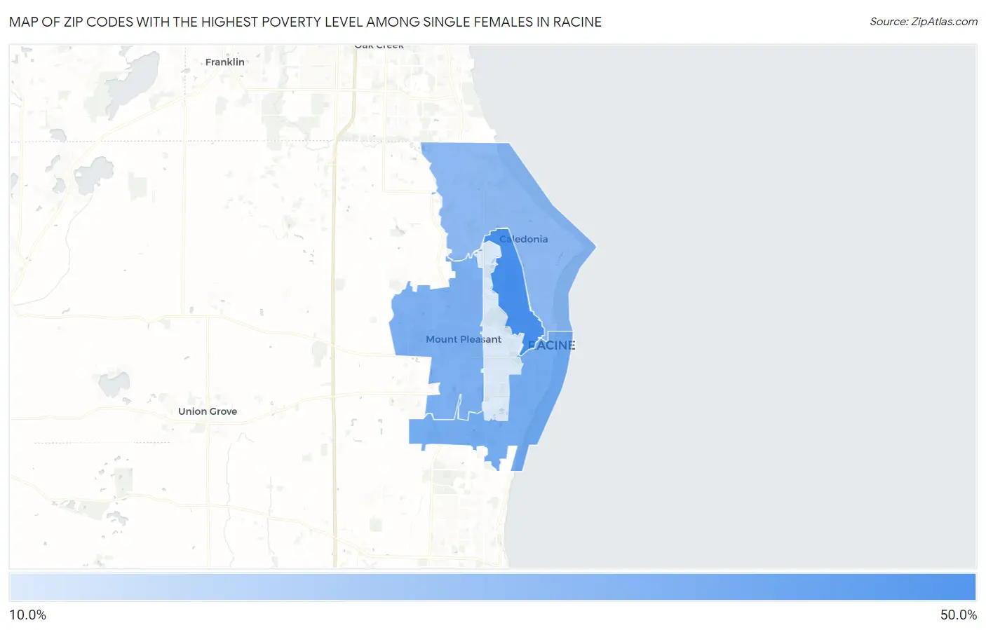Zip Codes with the Highest Poverty Level Among Single Females in Racine Map