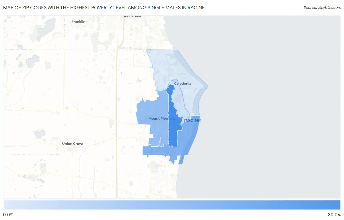 Zip Codes with the Highest Poverty Level Among Single Males in Racine Map