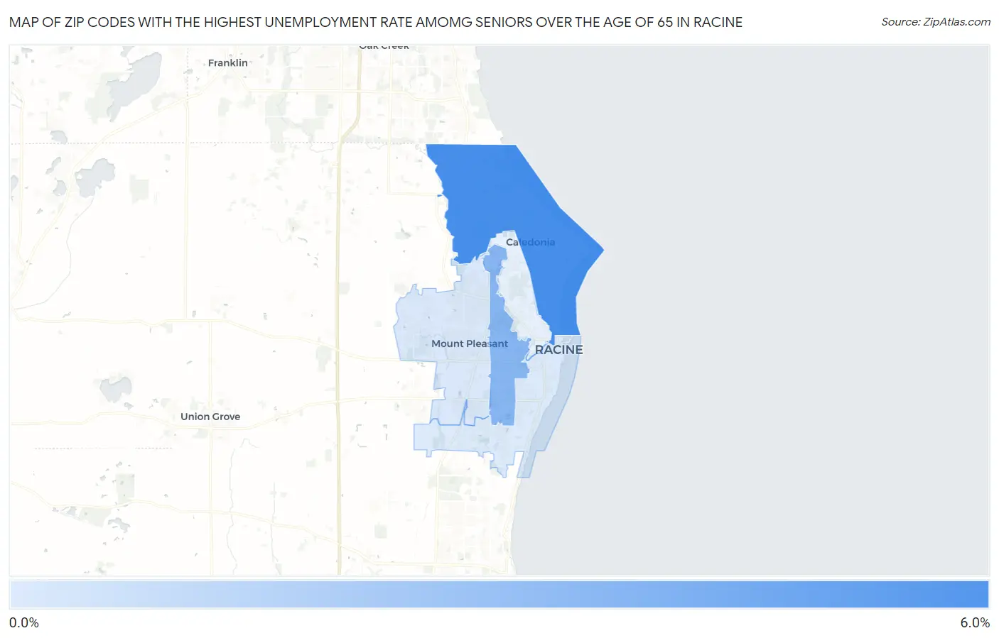 Zip Codes with the Highest Unemployment Rate Amomg Seniors Over the Age of 65 in Racine Map