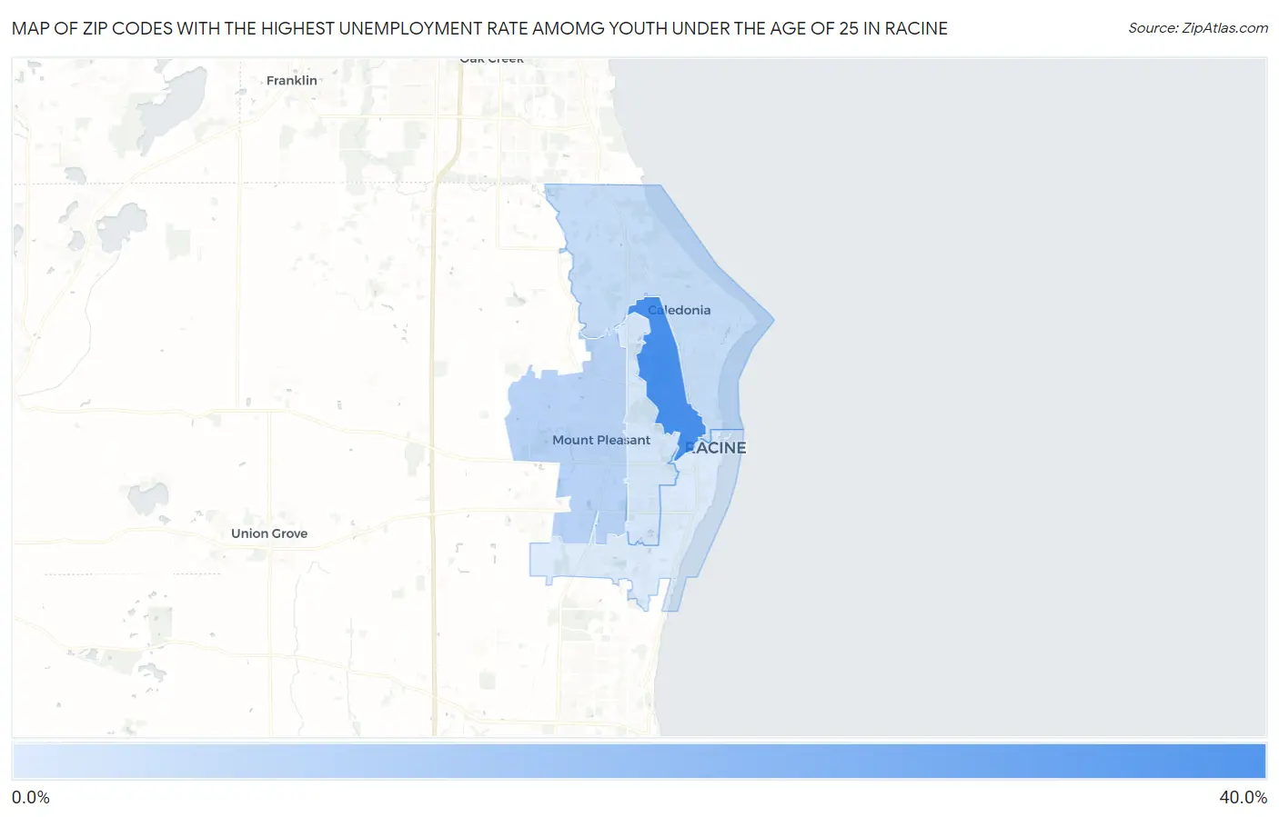 Zip Codes with the Highest Unemployment Rate Amomg Youth Under the Age of 25 in Racine Map