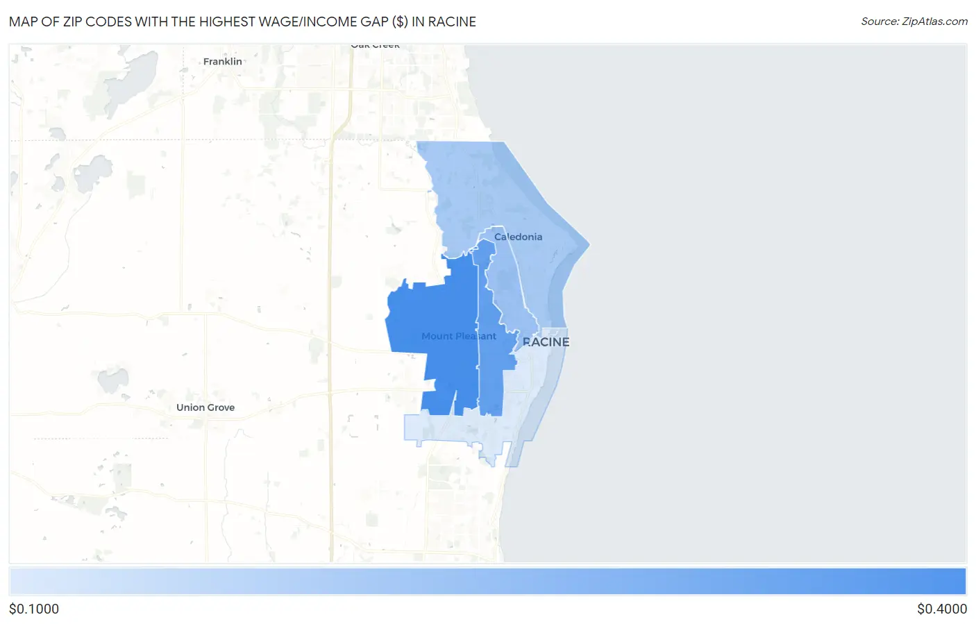 Zip Codes with the Highest Wage/Income Gap ($) in Racine Map