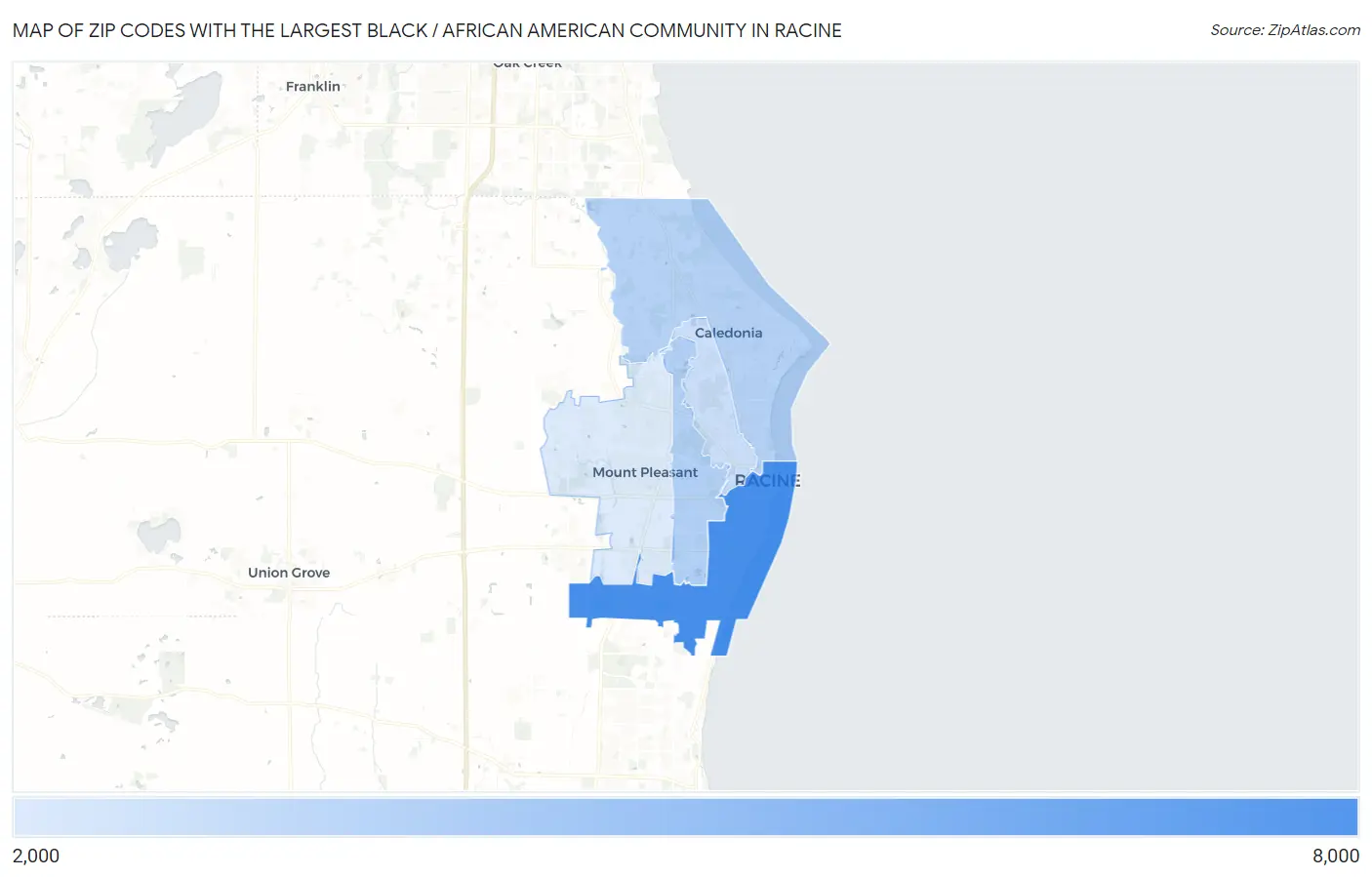 Zip Codes with the Largest Black / African American Community in Racine Map