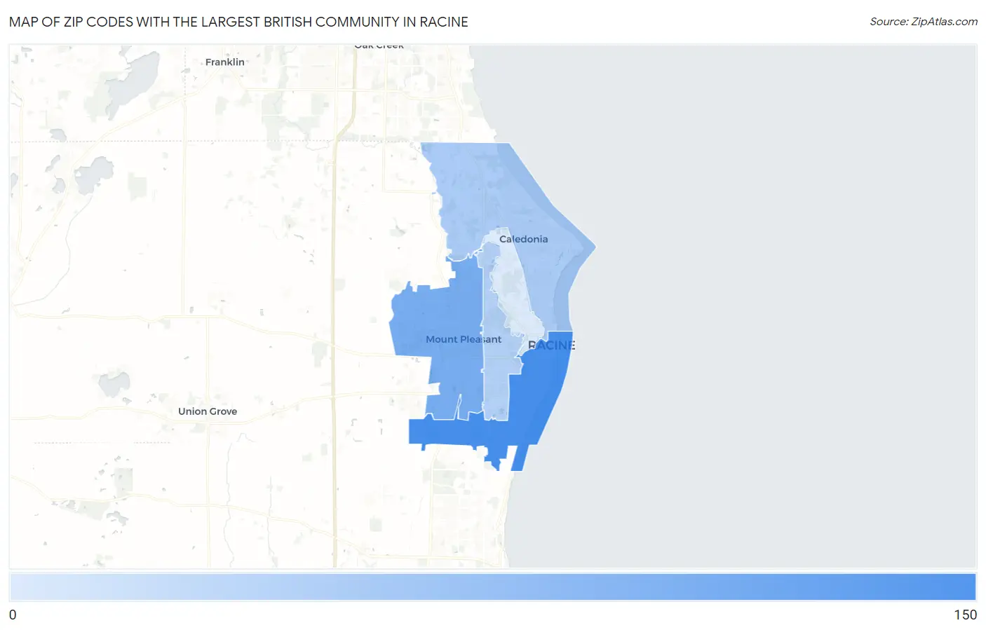 Zip Codes with the Largest British Community in Racine Map
