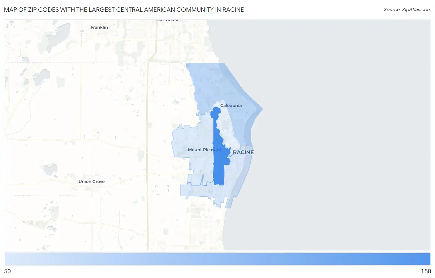 Zip Codes with the Largest Central American Community in Racine Map