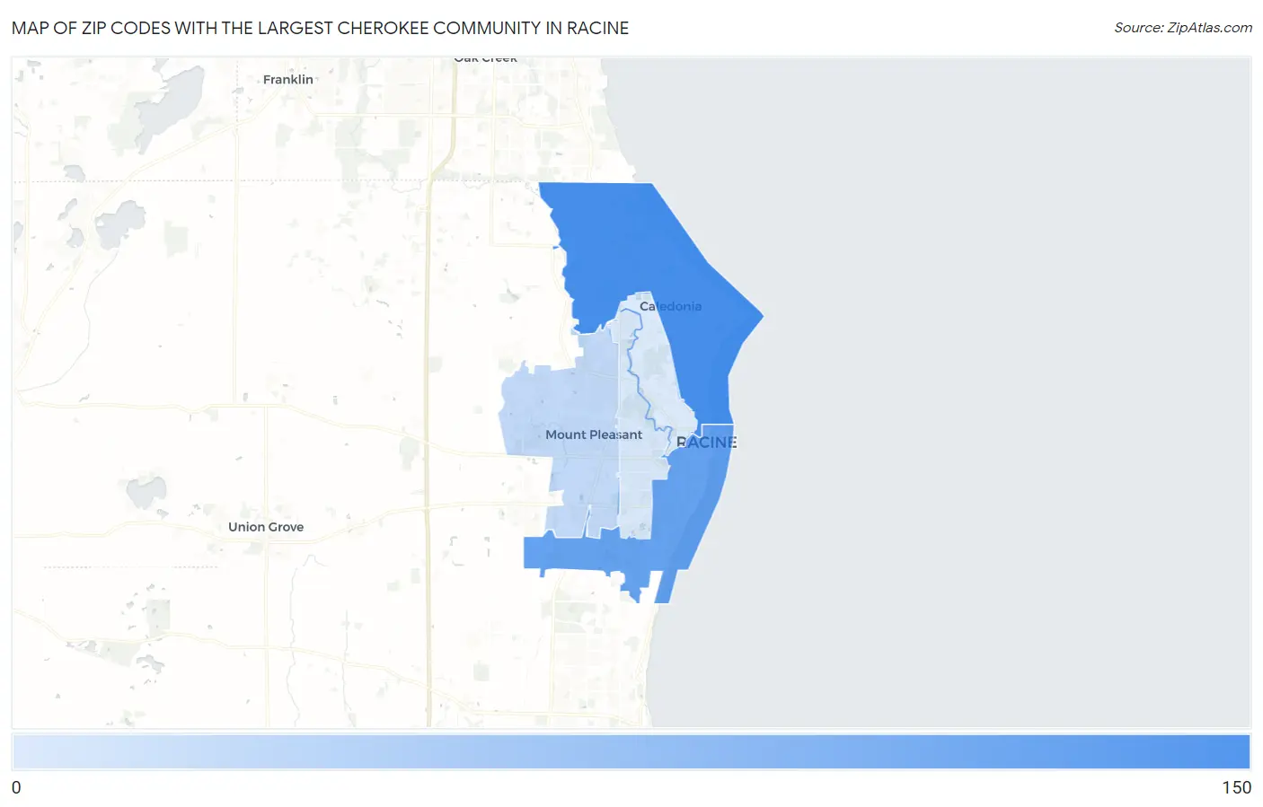 Zip Codes with the Largest Cherokee Community in Racine Map