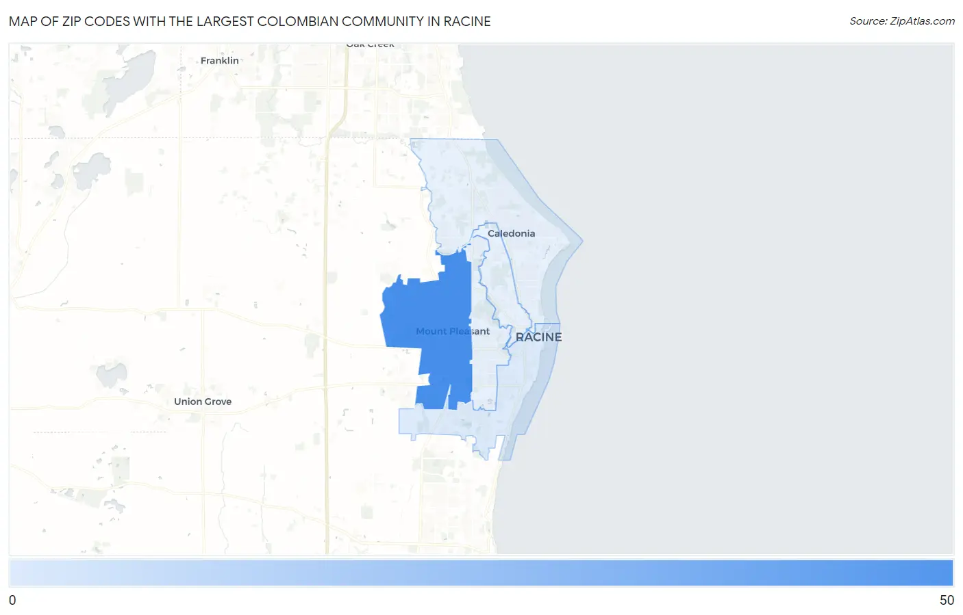 Zip Codes with the Largest Colombian Community in Racine Map