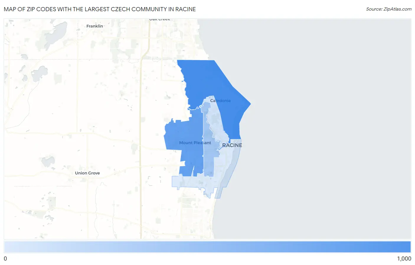 Zip Codes with the Largest Czech Community in Racine Map
