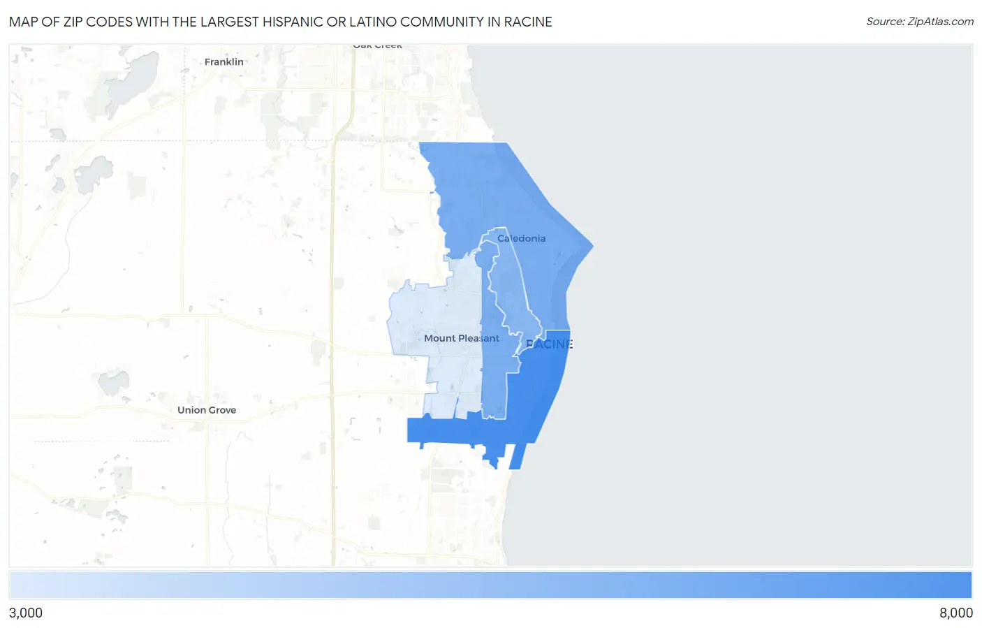 Zip Codes with the Largest Hispanic or Latino Community in Racine Map