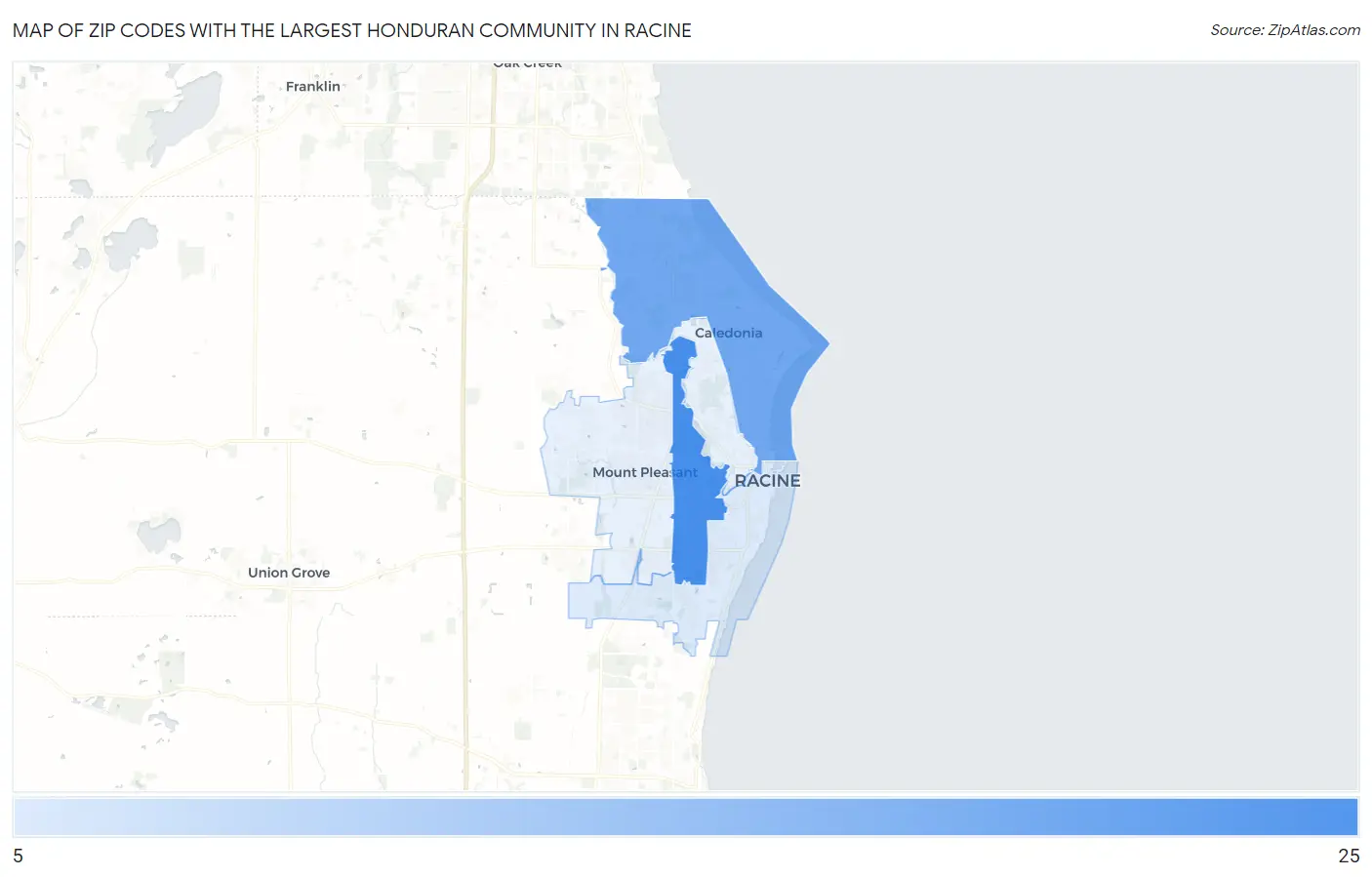 Zip Codes with the Largest Honduran Community in Racine Map
