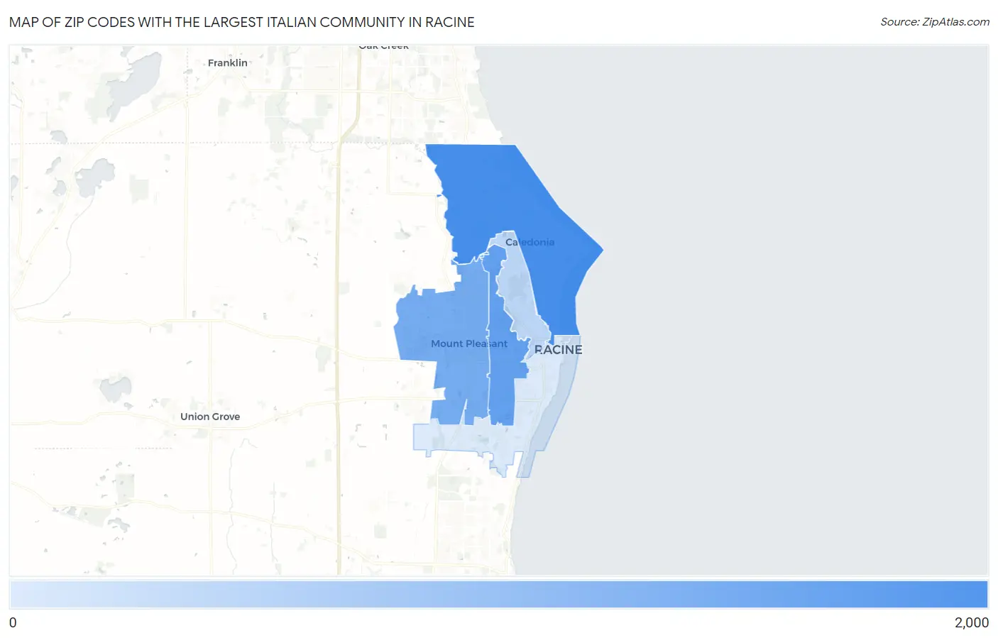 Zip Codes with the Largest Italian Community in Racine Map