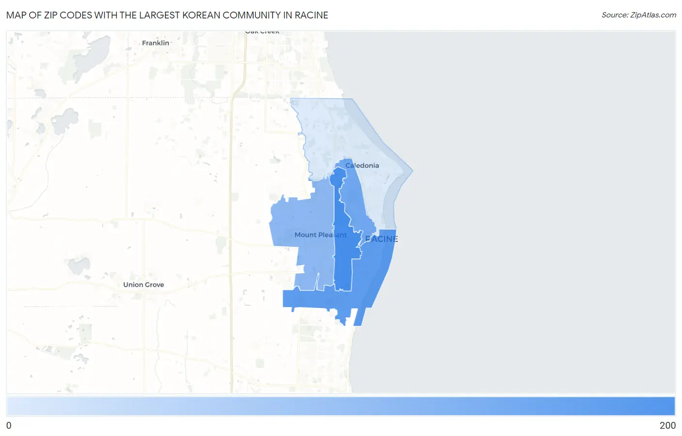 Zip Codes with the Largest Korean Community in Racine Map
