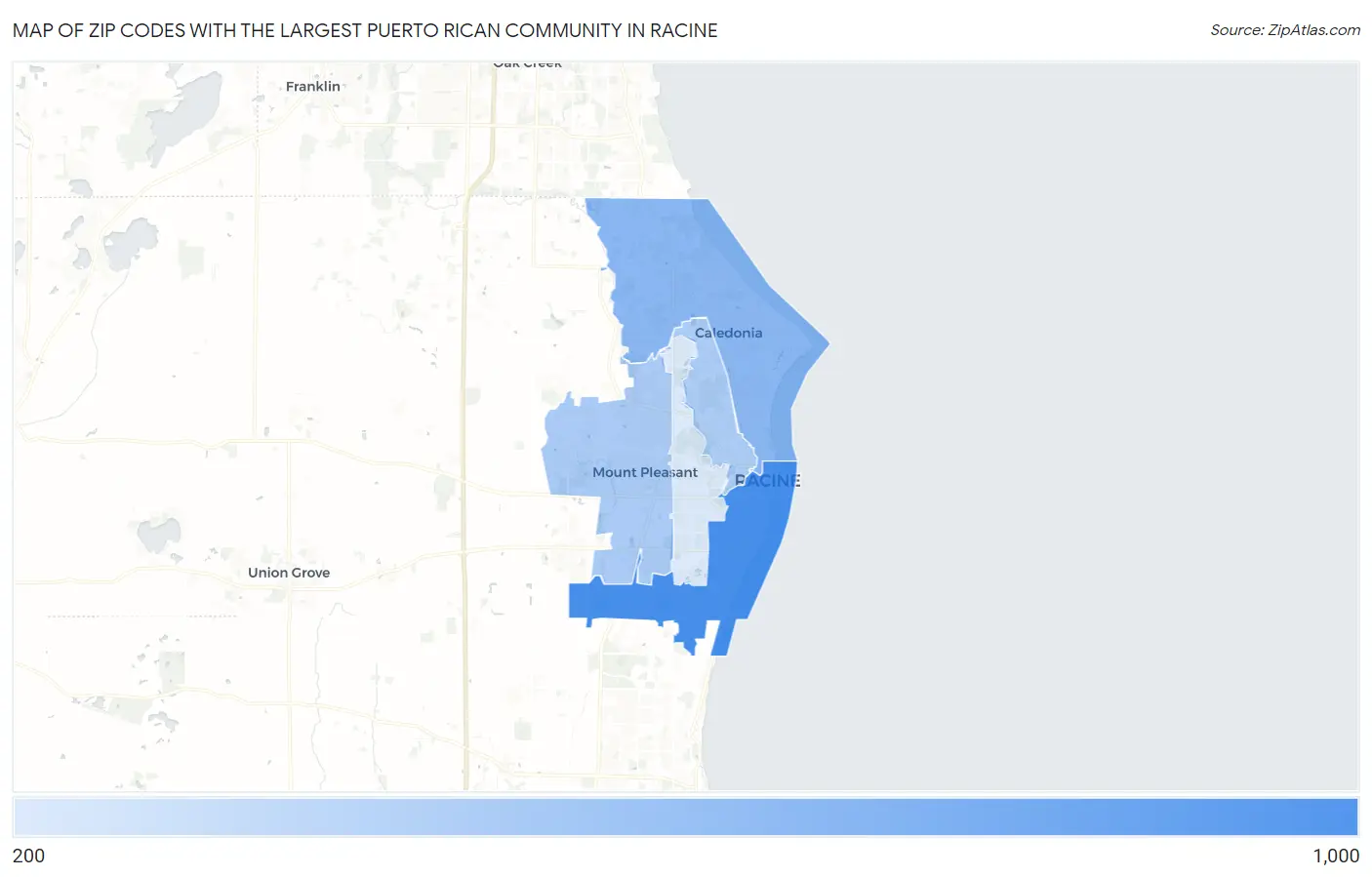 Zip Codes with the Largest Puerto Rican Community in Racine Map