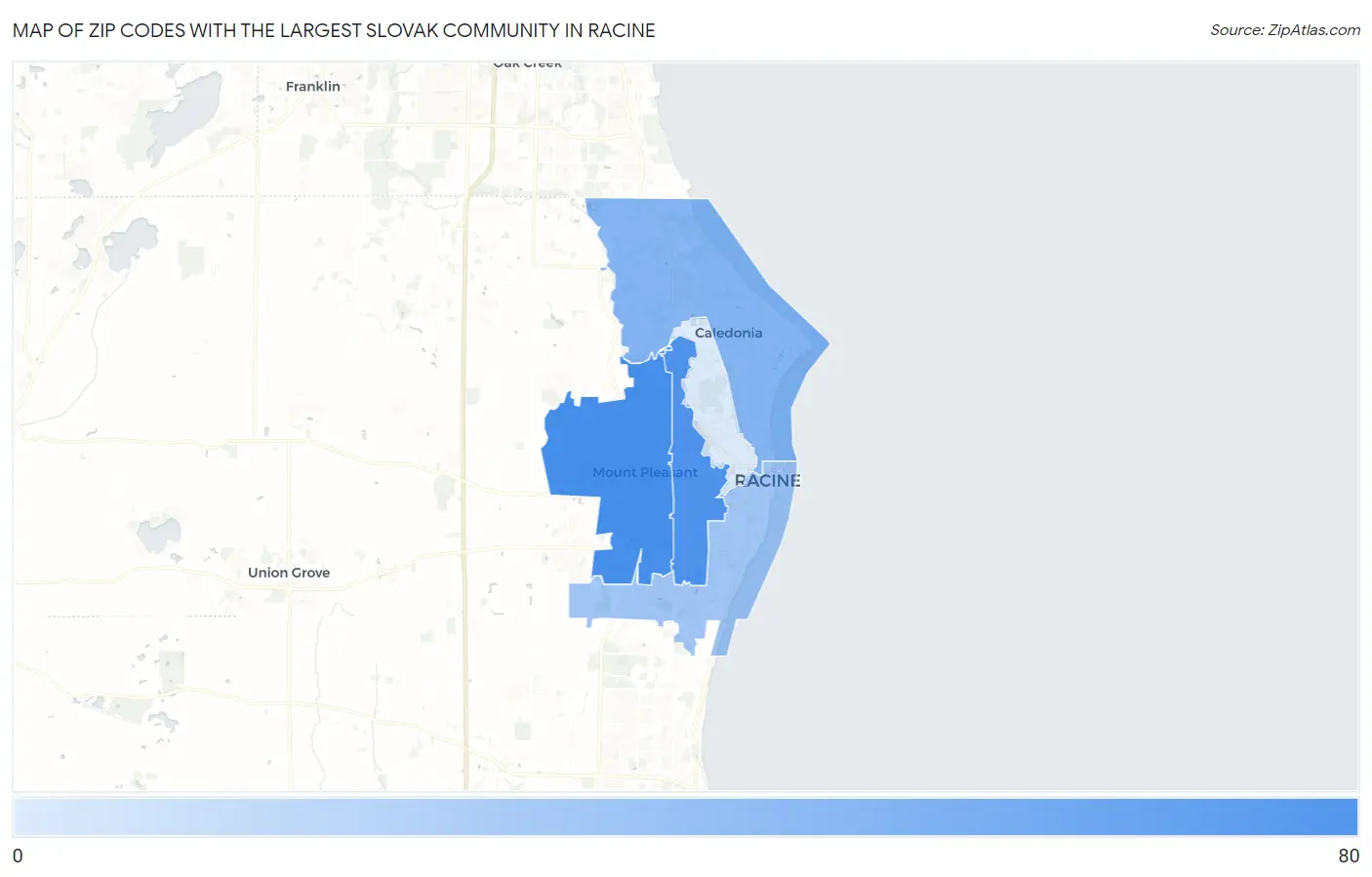 Zip Codes with the Largest Slovak Community in Racine Map
