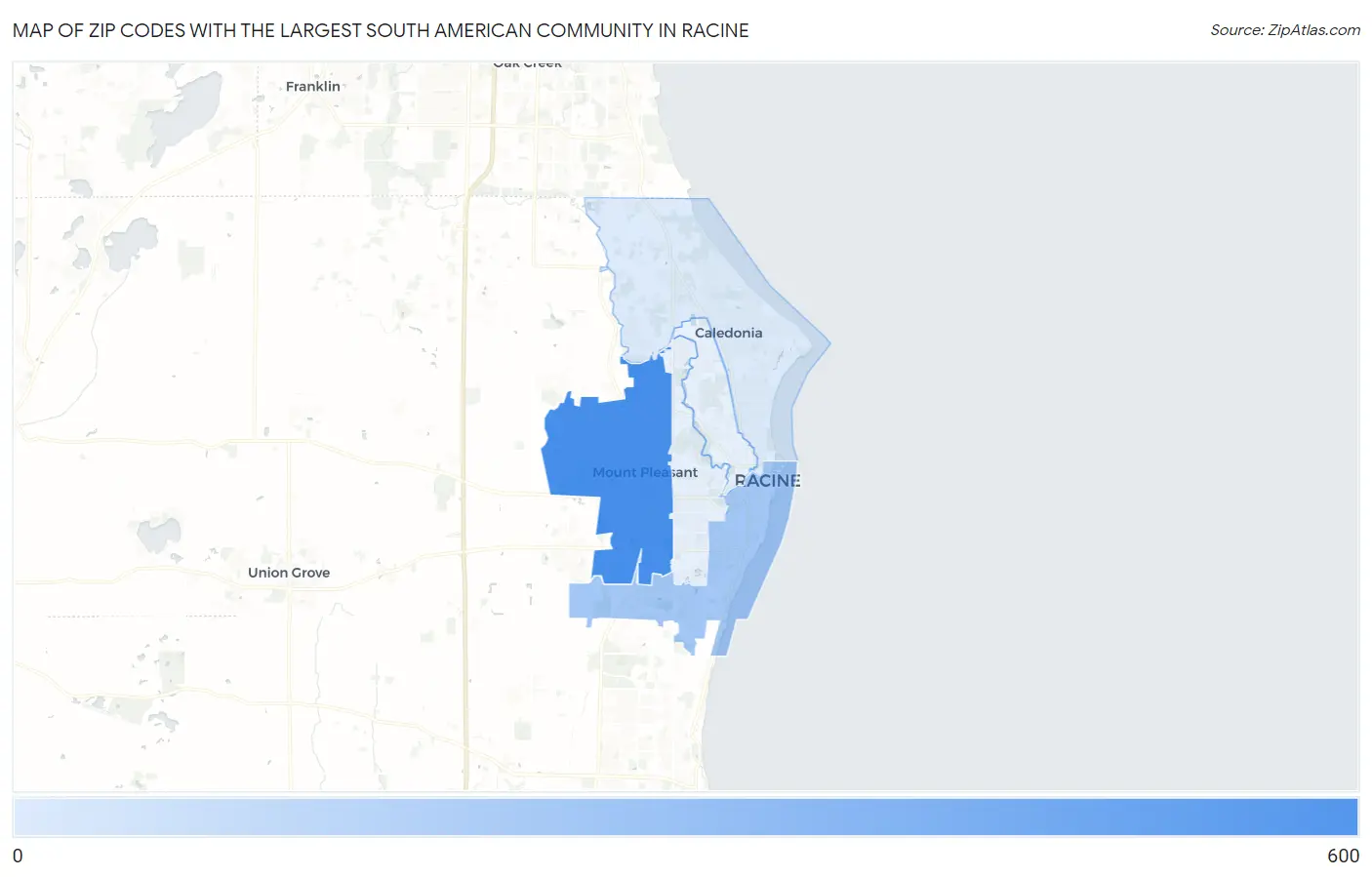 Zip Codes with the Largest South American Community in Racine Map