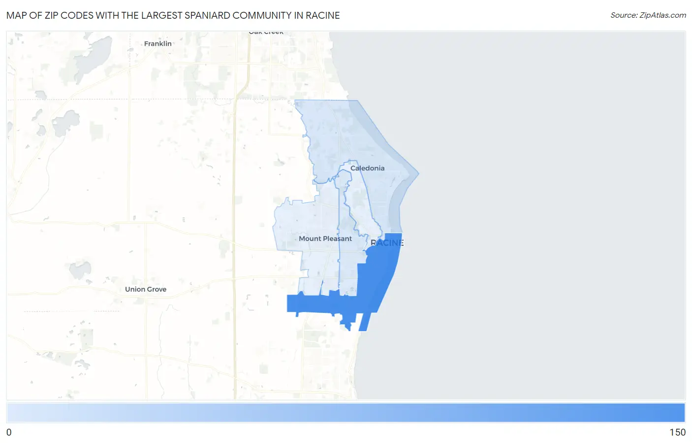 Zip Codes with the Largest Spaniard Community in Racine Map