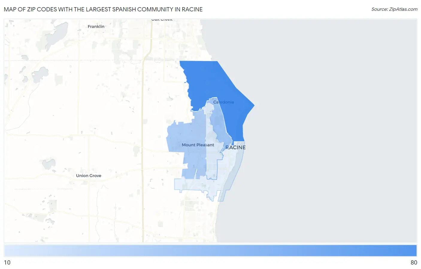 Zip Codes with the Largest Spanish Community in Racine Map
