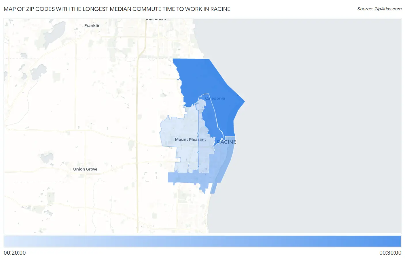 Zip Codes with the Longest Median Commute Time to Work in Racine Map