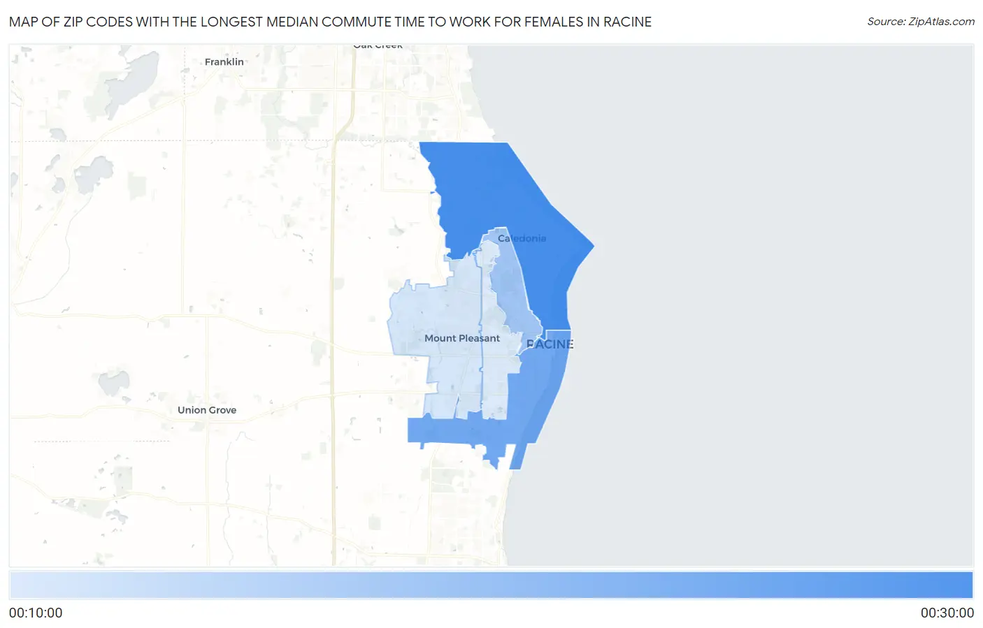 Zip Codes with the Longest Median Commute Time to Work for Females in Racine Map