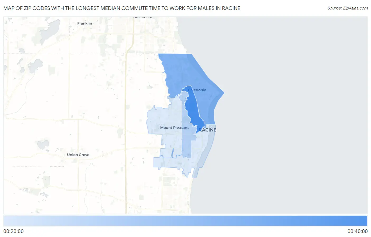 Zip Codes with the Longest Median Commute Time to Work for Males in Racine Map