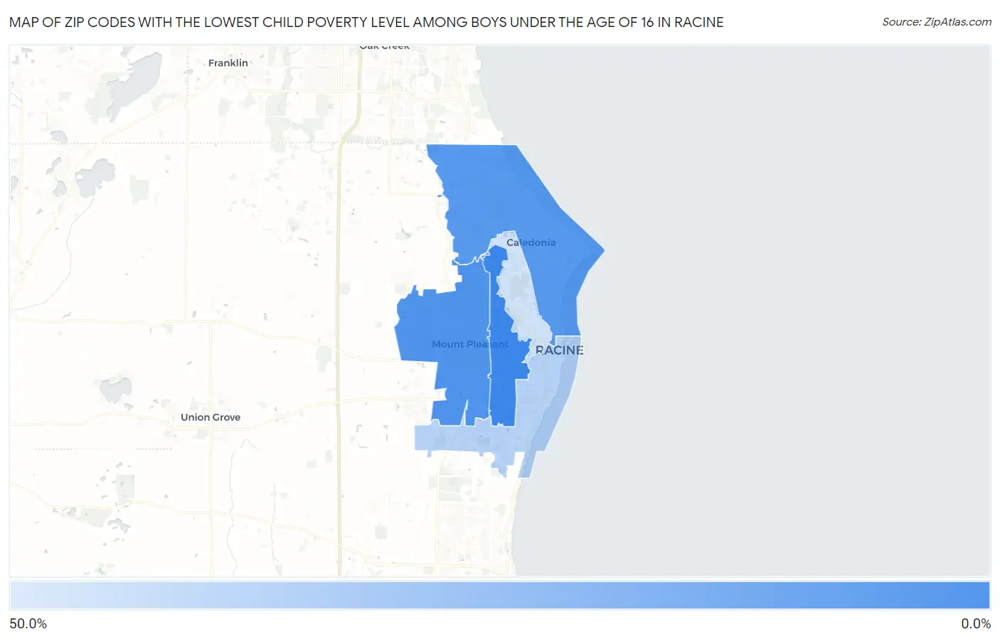 Zip Codes with the Lowest Child Poverty Level Among Boys Under the Age of 16 in Racine Map
