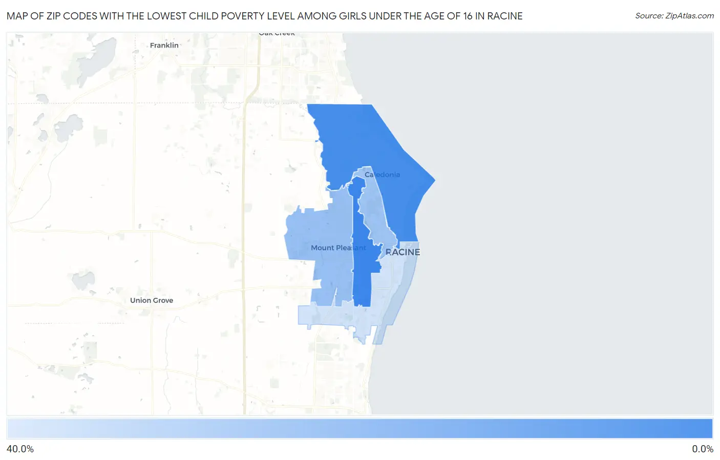Zip Codes with the Lowest Child Poverty Level Among Girls Under the Age of 16 in Racine Map