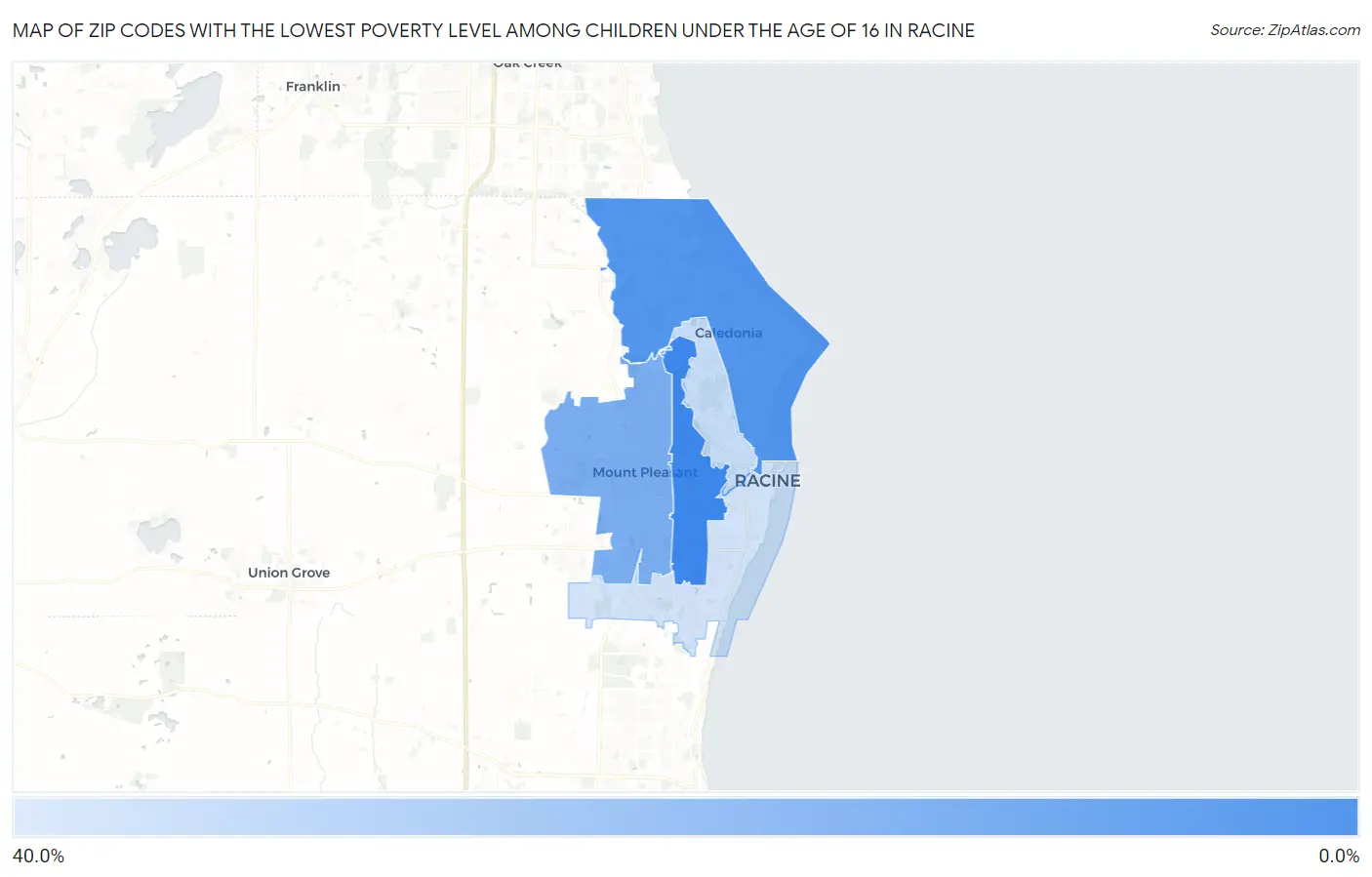 Zip Codes with the Lowest Poverty Level Among Children Under the Age of 16 in Racine Map