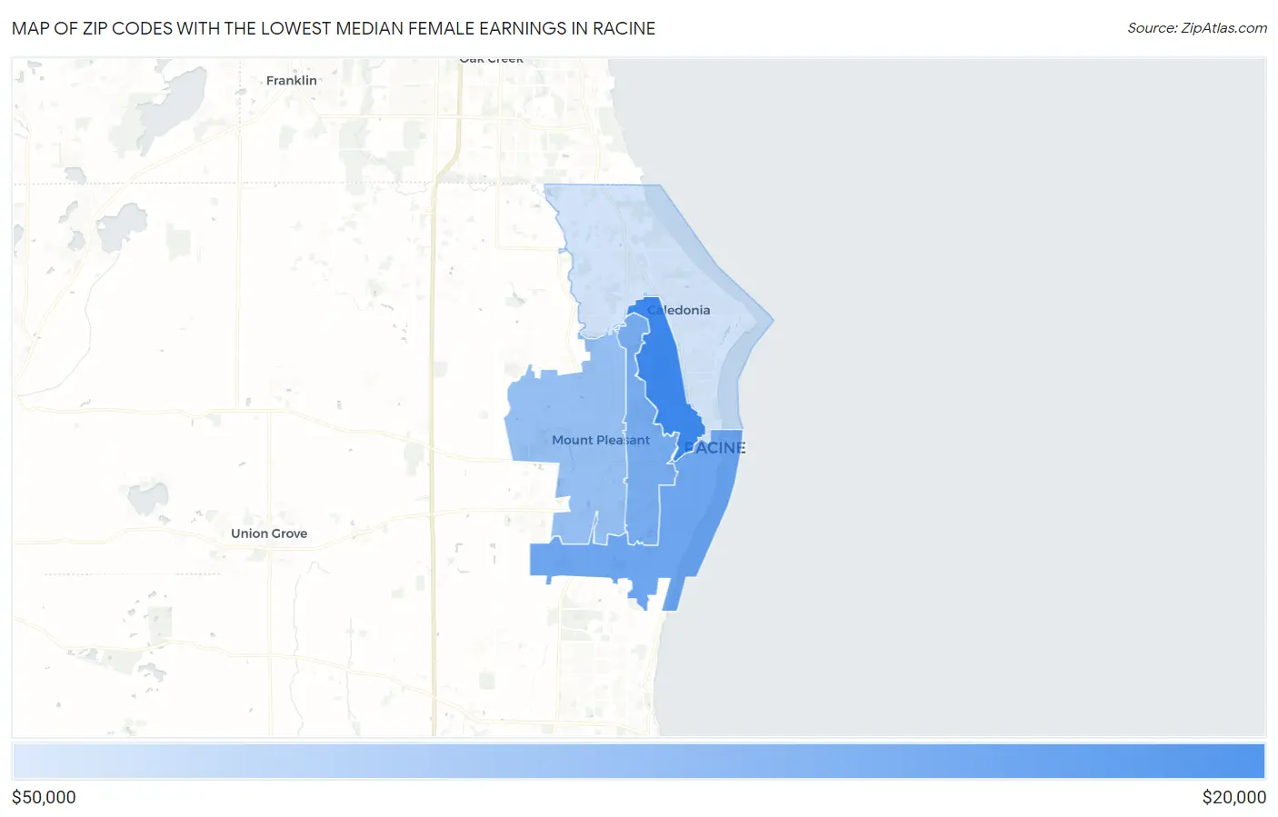 Zip Codes with the Lowest Median Female Earnings in Racine Map