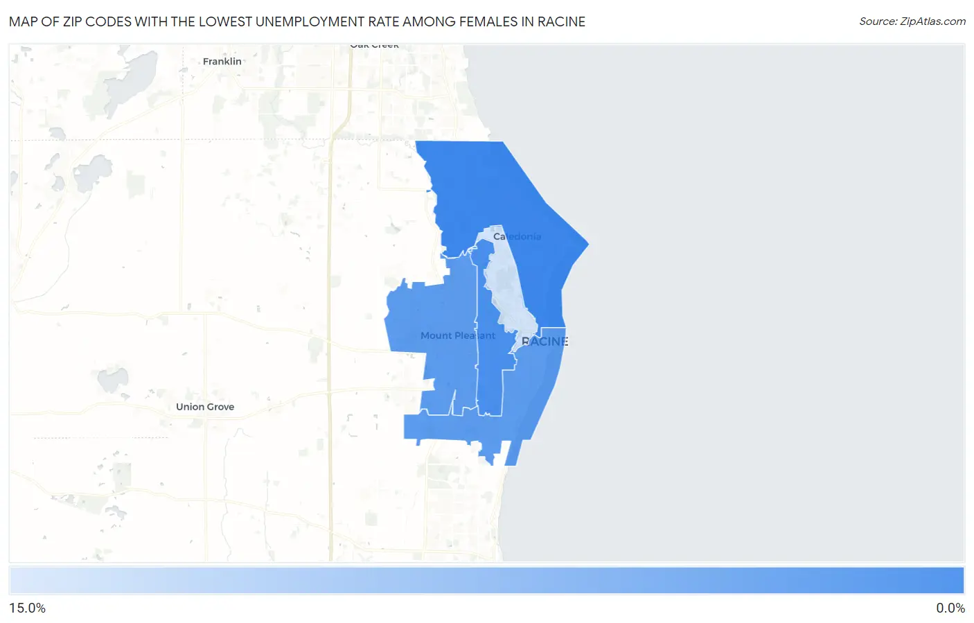 Zip Codes with the Lowest Unemployment Rate Among Females in Racine Map