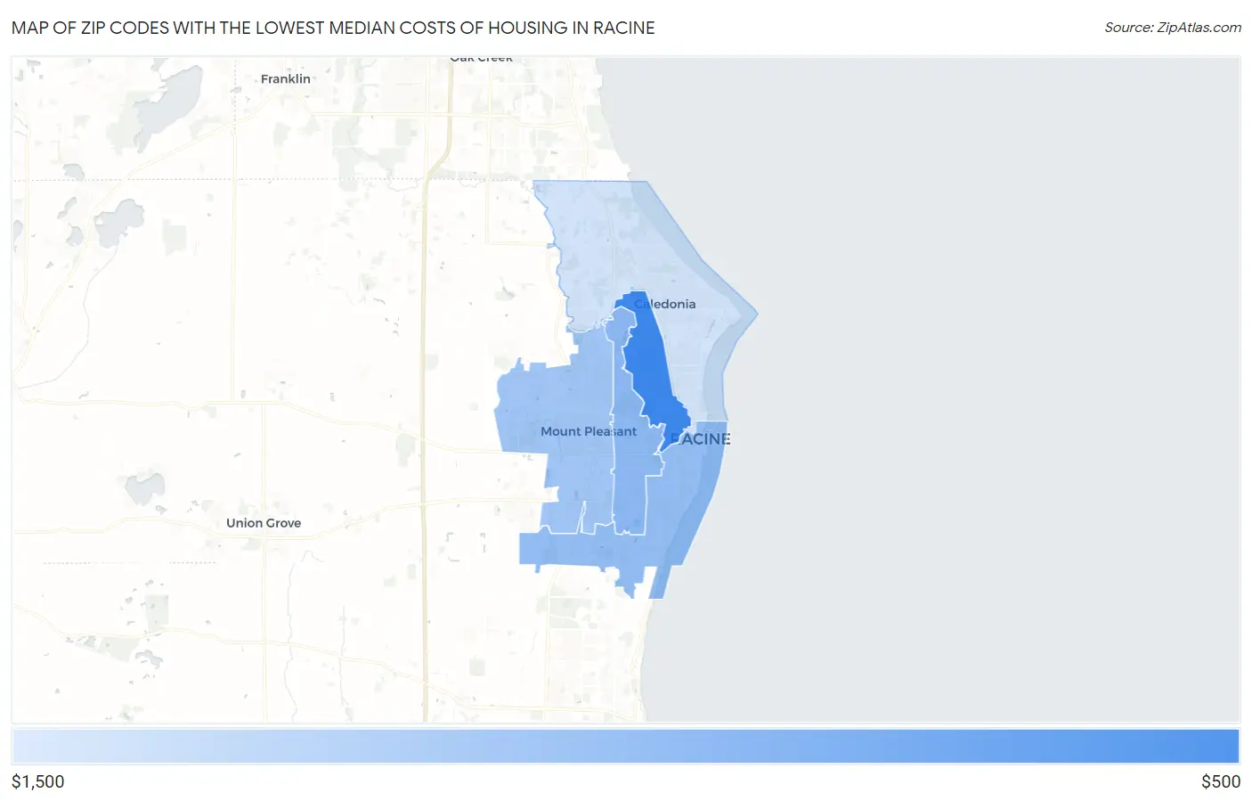 Zip Codes with the Lowest Median Costs of Housing in Racine Map