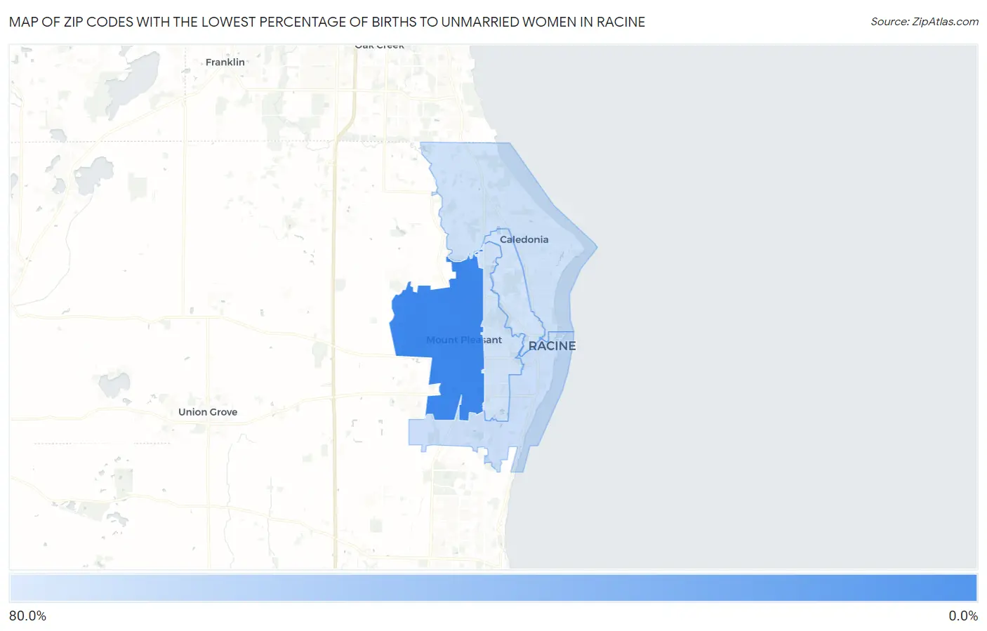 Zip Codes with the Lowest Percentage of Births to Unmarried Women in Racine Map
